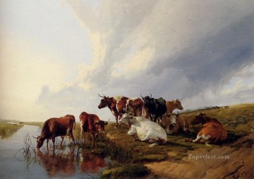 トーマス・シドニー・クーパー Painting - 牧草地の夕べ 家畜 牛 トーマス・シドニー・クーパー